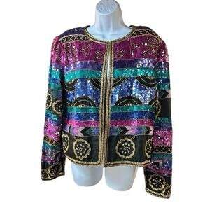 1980's Nipon Night Multi-Colored Sequin and Bead Cropped Jacket Size L